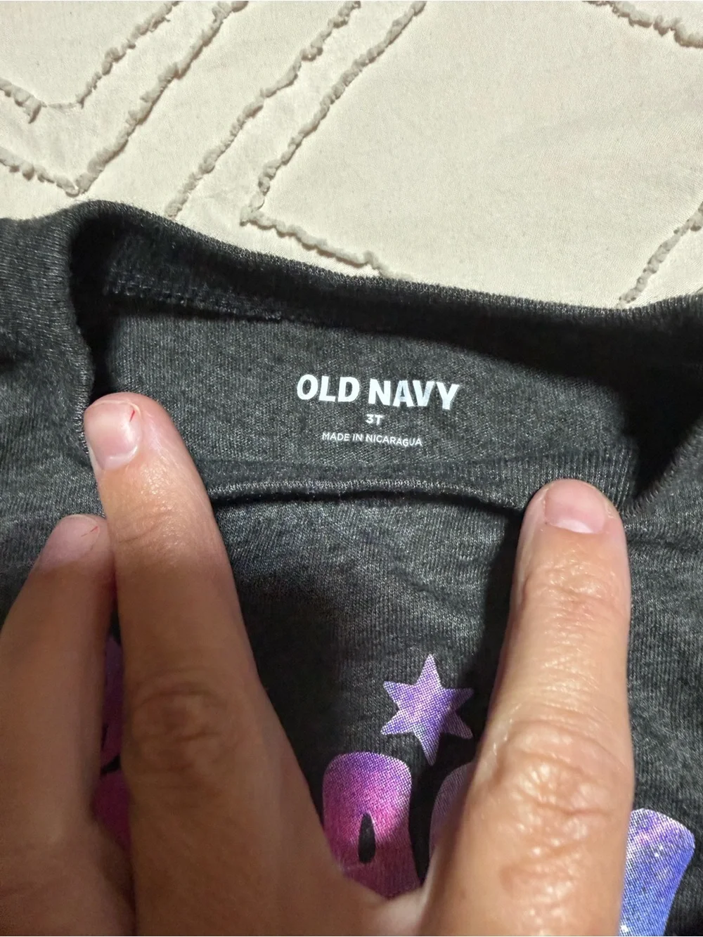 Kids Long-Sleeve Graphic Tee - Charcoal with Pink/Purple Stars and denim pants